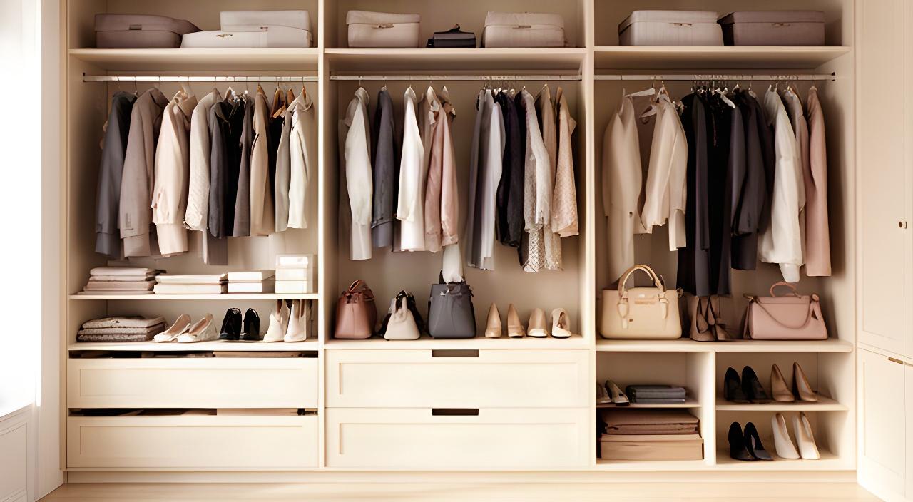 Vestidor de Pilar después de la organización, con doble barra, zapatos y carteras visibles